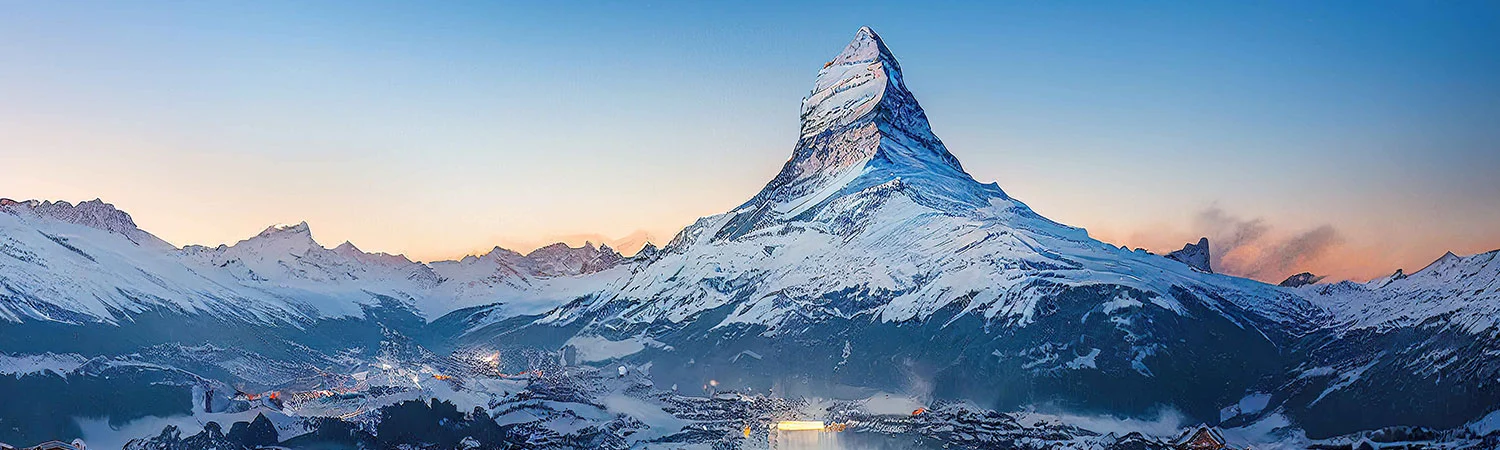 Zermatt’s winter wonderland with the Matterhorn mountain and sunrise sky.