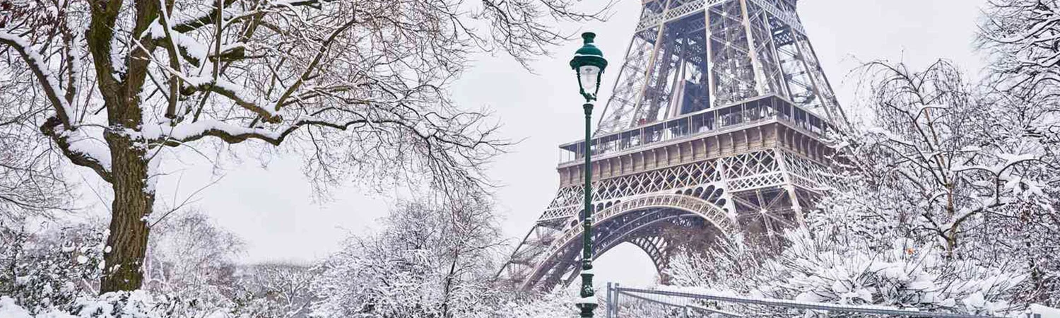 “A picturesque winter scene showcasing the iconic Eiffel Tower amidst a serene, snow-covered landscape, with bare trees and an ornate street lamp adding to the visual allure.”