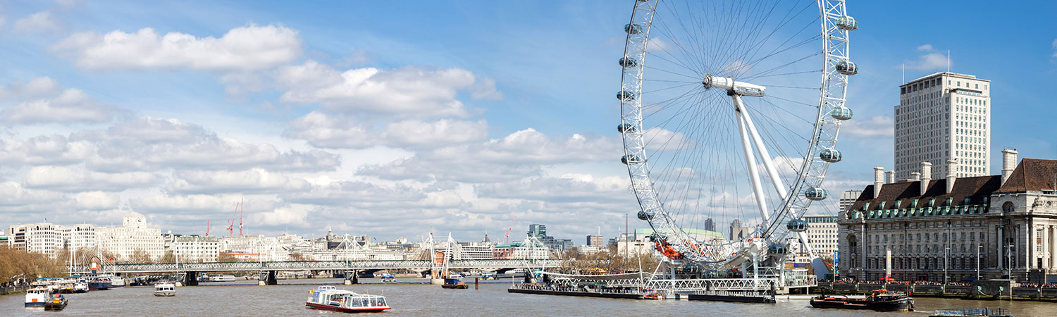 It is a panoramic view of London, featuring the iconic London Eye and River Thames.