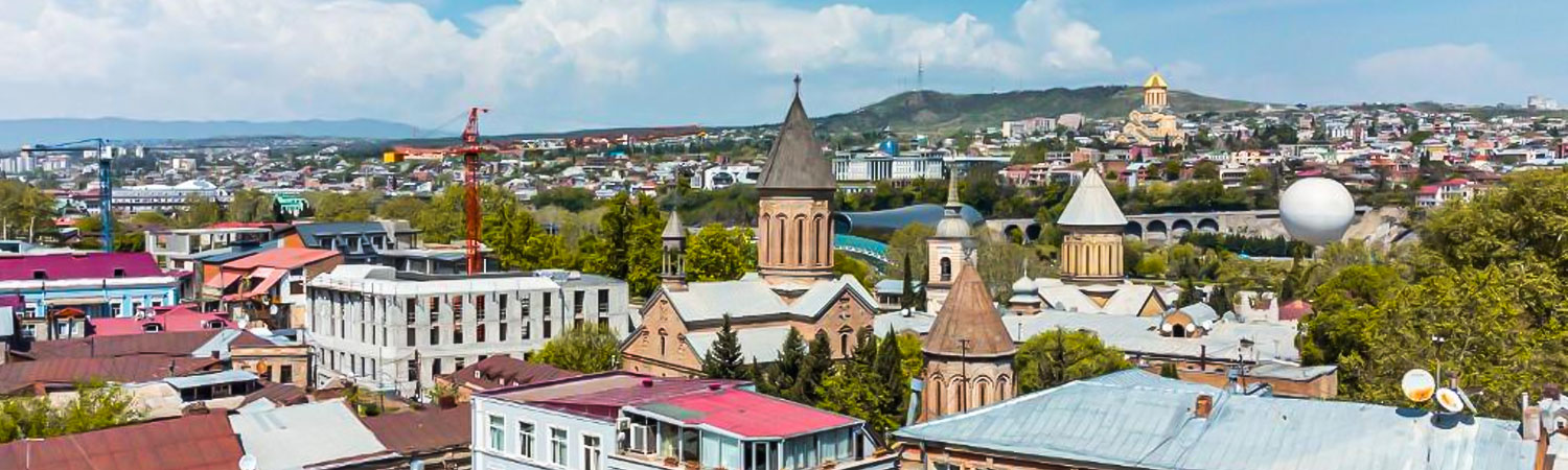 Panoramic view of a vibrant cityscape featuring historical architecture, modern buildings, and lush greenery under a clear sky in Georgia.